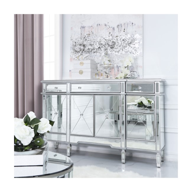Aurora Boutique Silver Mirrored Sideboard with 4 Doors and 4 Drawers & Crystal Knob Handles