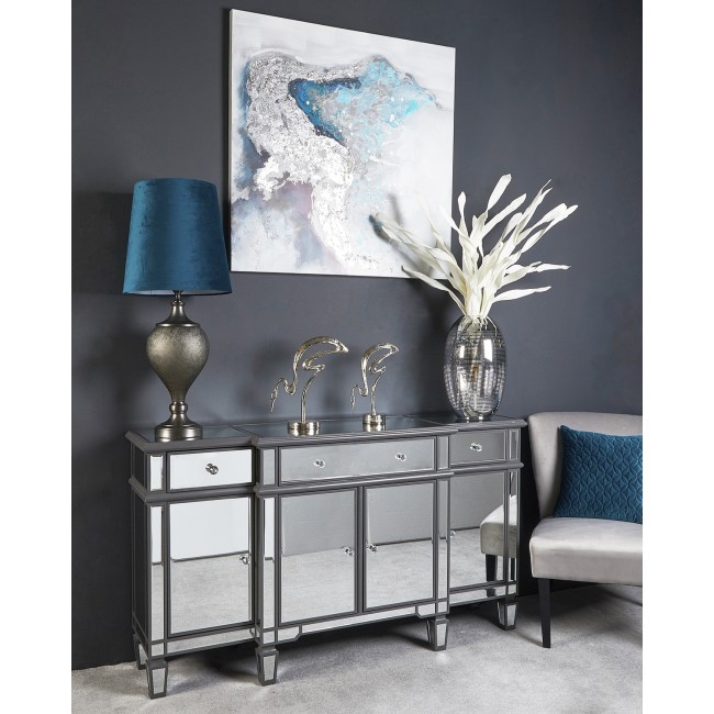 Aurora Boutique Grey Mirrored Sideboard with 4 Doors & 4 Drawers with Crystal Knob Handles