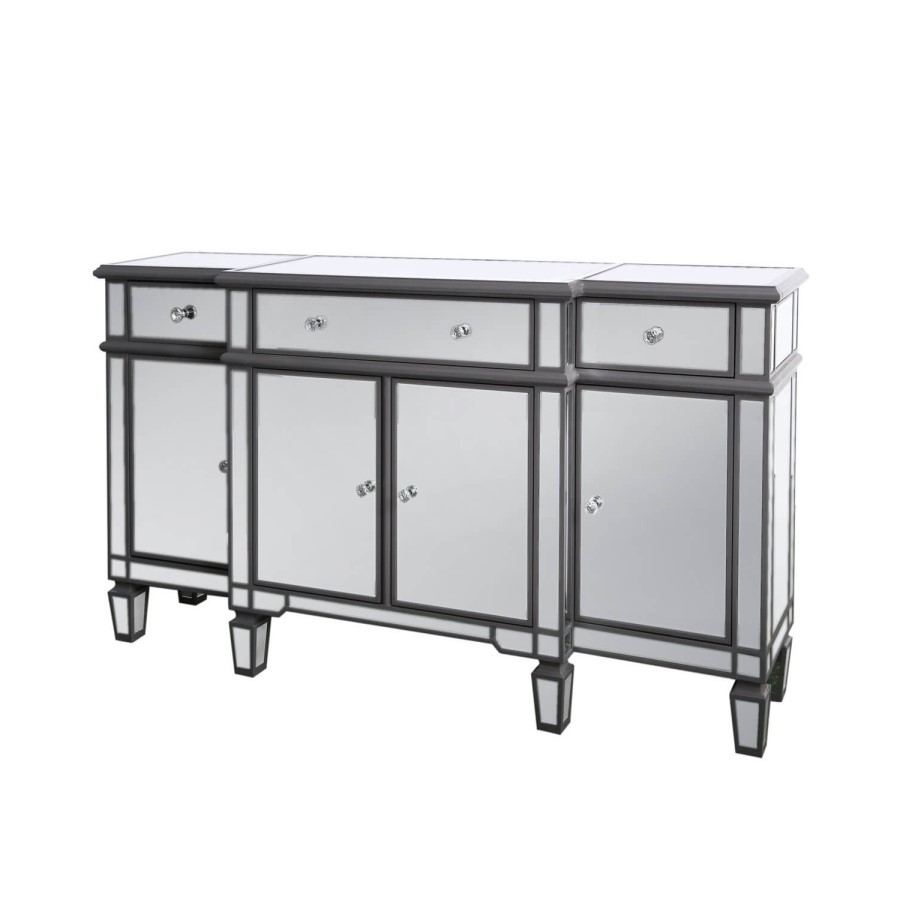 Aurora Boutique Grey Mirrored Sideboard with 4 Doors & 4 Drawers with Crystal Knob Handles