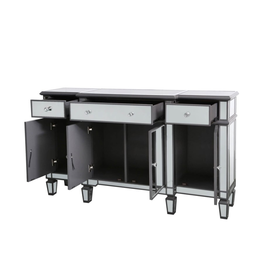 Aurora Boutique Grey Mirrored Sideboard with 4 Doors & 4 Drawers with Crystal Knob Handles