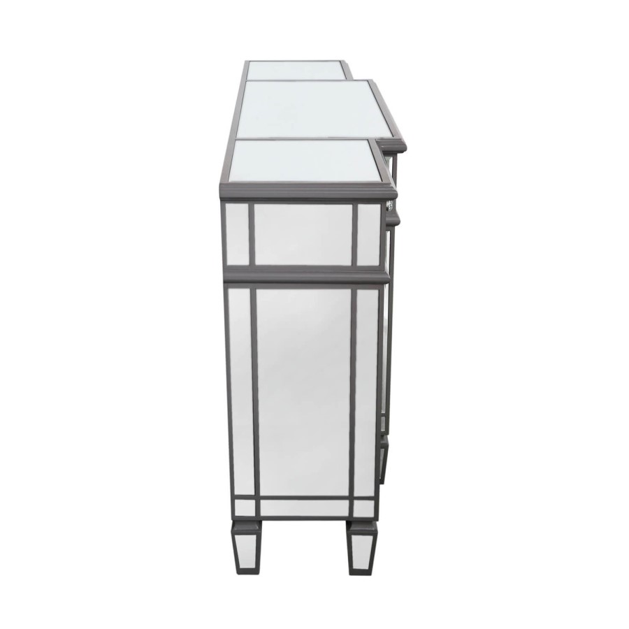 Aurora Boutique Grey Mirrored Sideboard with 4 Doors & 4 Drawers with Crystal Knob Handles
