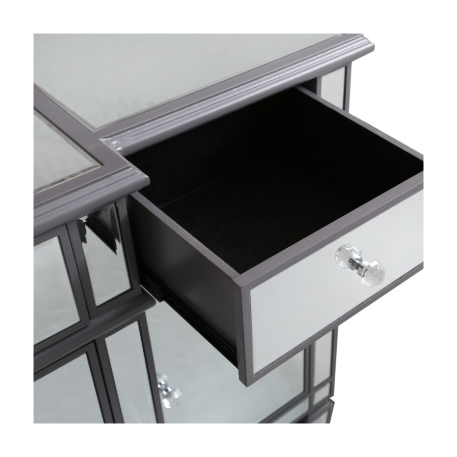 Aurora Boutique Grey Mirrored Sideboard with 4 Doors & 4 Drawers with Crystal Knob Handles