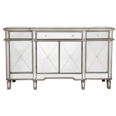 Aurora Boutique Mirrored Sideboard with Gold Trim 4 Doors & 4 Drawers with Crystal Knob Handles