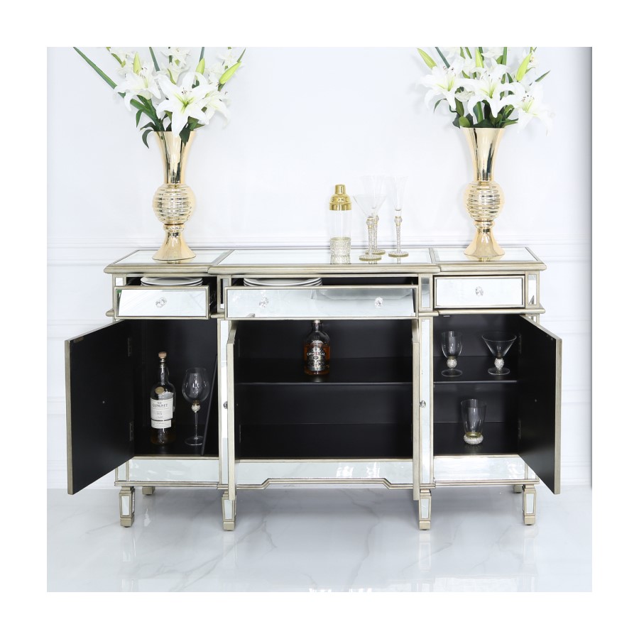 Aurora Boutique Mirrored Sideboard with Gold Trim 4 Doors & 4 Drawers with Crystal Knob Handles