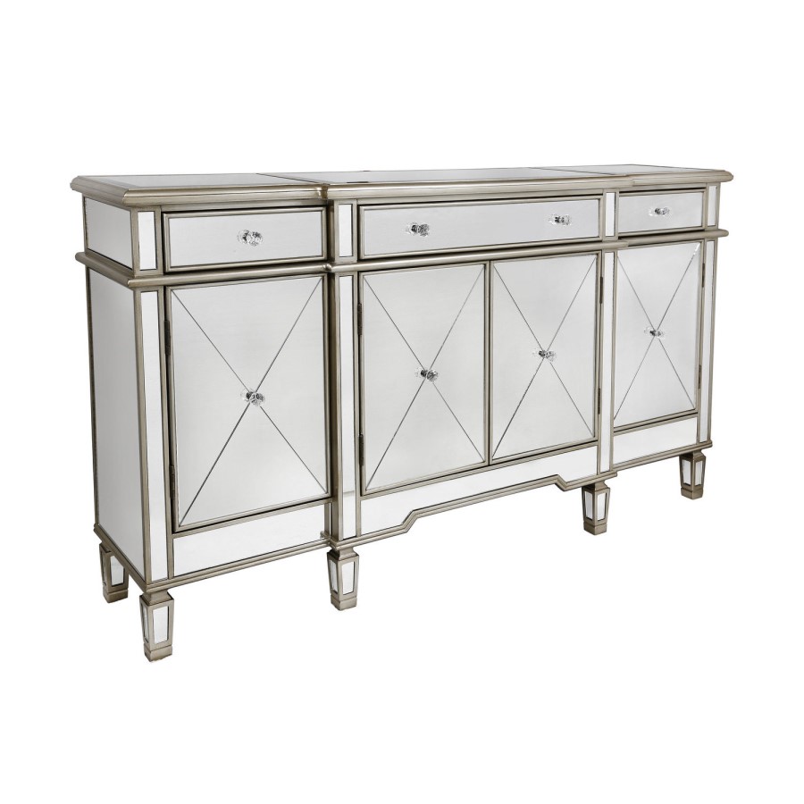 Aurora Boutique Mirrored Sideboard with Gold Trim 4 Doors & 4 Drawers with Crystal Knob Handles