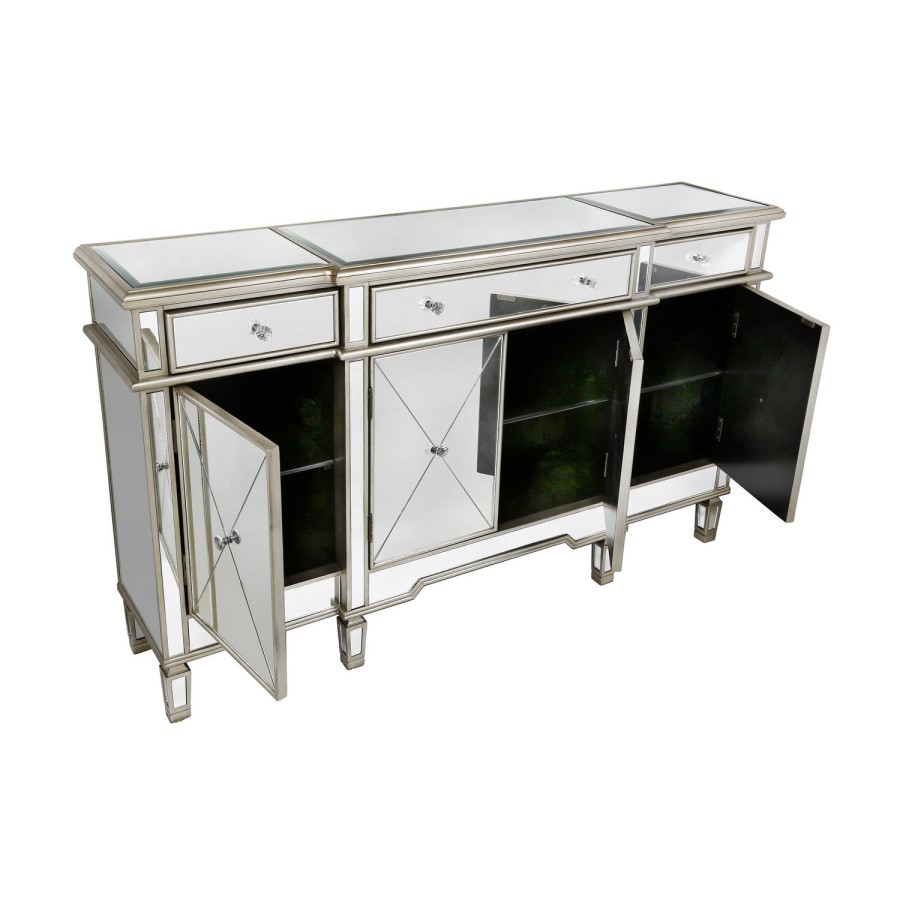 Aurora Boutique Mirrored Sideboard with Gold Trim 4 Doors & 4 Drawers with Crystal Knob Handles