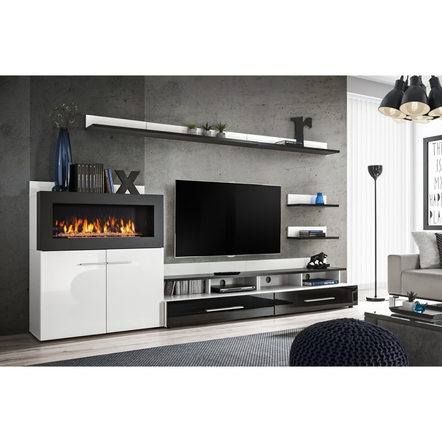 White Gloss Entertainment Unit with Bioethanol Fireplace & Storage - TV's up to 70" - Neo