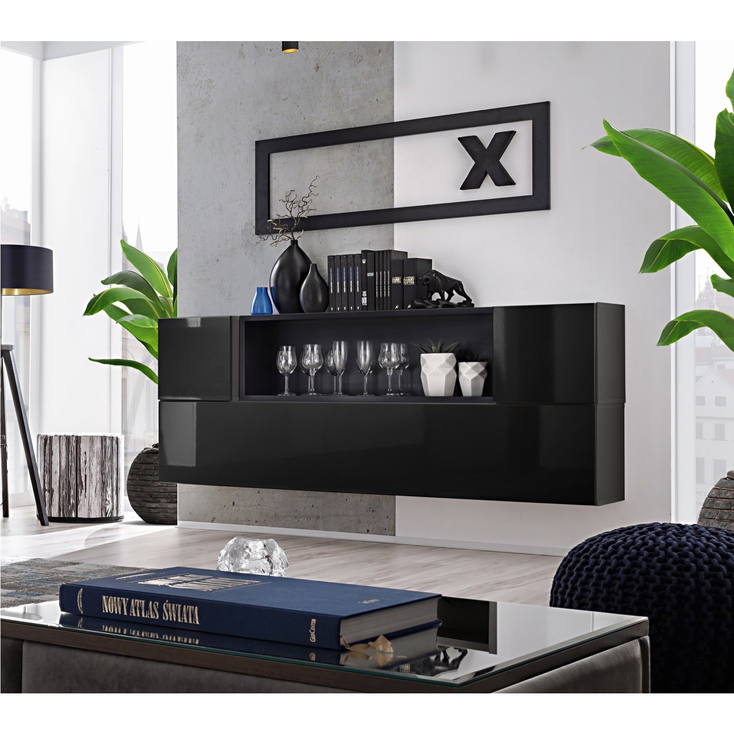 Black High Gloss Floating Sideboard with Storage  Neo