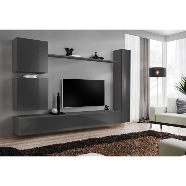 Grey High Gloss Floating Entertainment TV Unit with Storage - TV's up to 55" - Neo