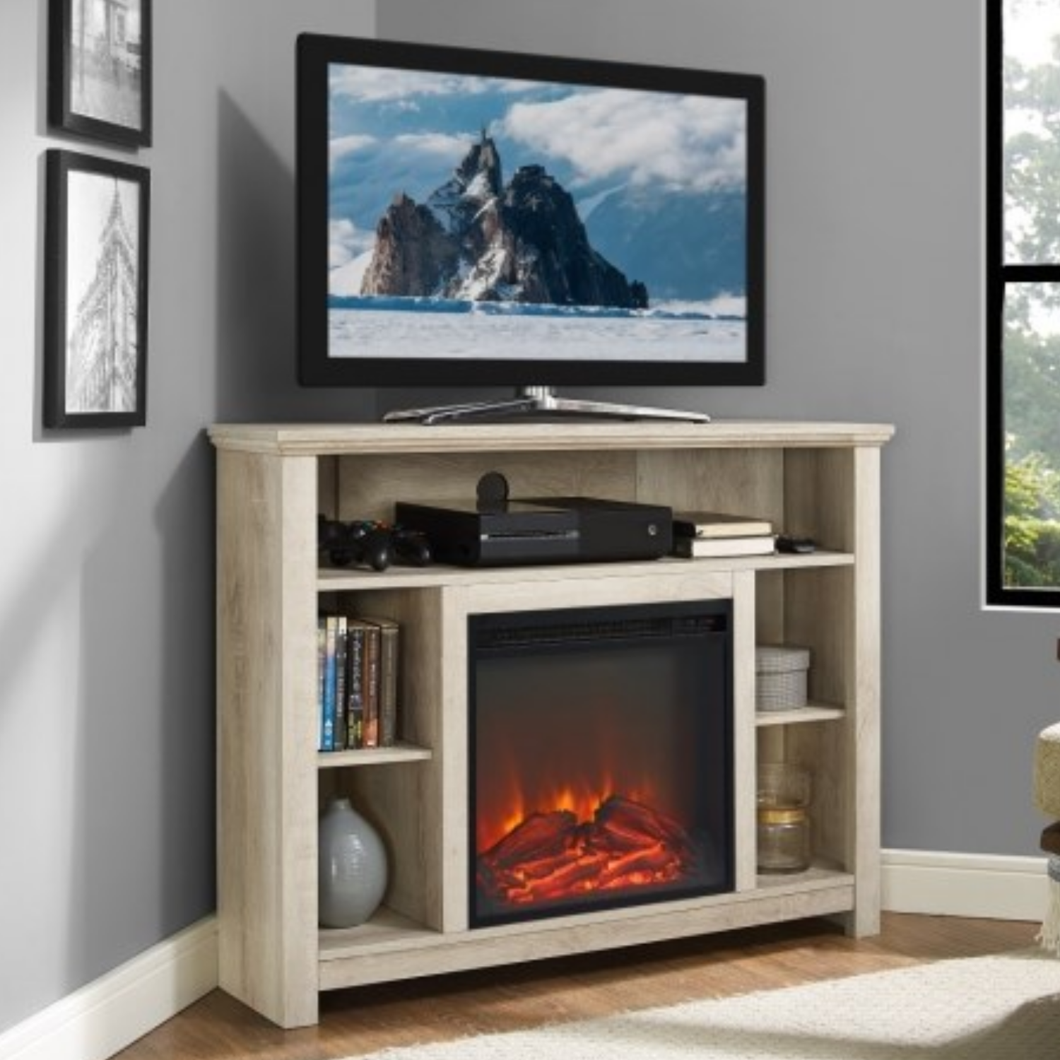 White Oak Effect Corner TV Unit with Electric Fire Shelves
