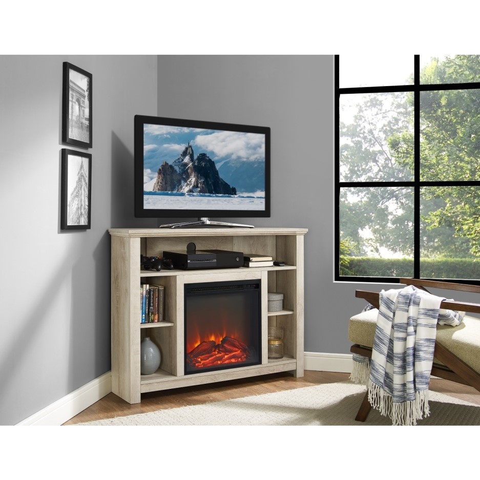 White Oak Effect Corner TV Unit with Electric Fire & Shelves TV's up