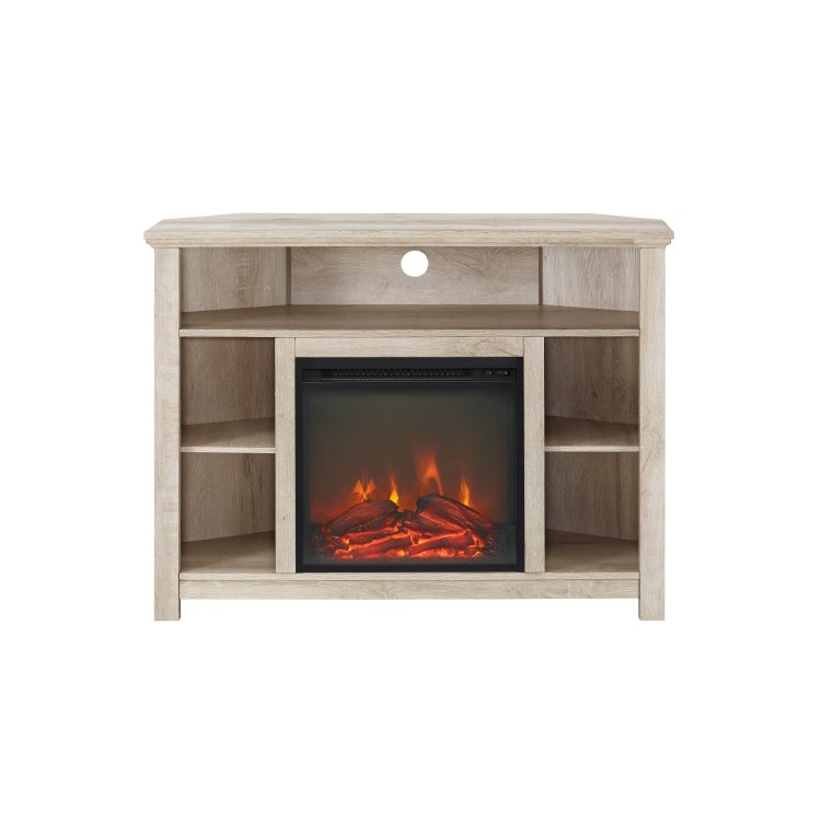 White Oak Effect Corner TV Unit with Electric Fire & Shelves - TV's up to 45" - Foster