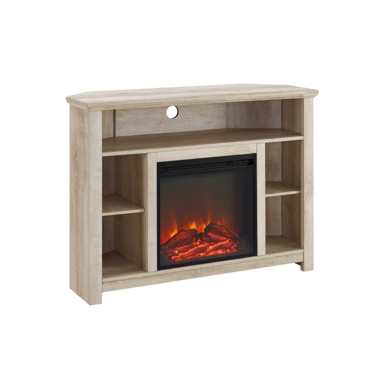 White Oak Effect Corner TV Unit with Electric Fire & Shelves - TV's up to 45" - Foster