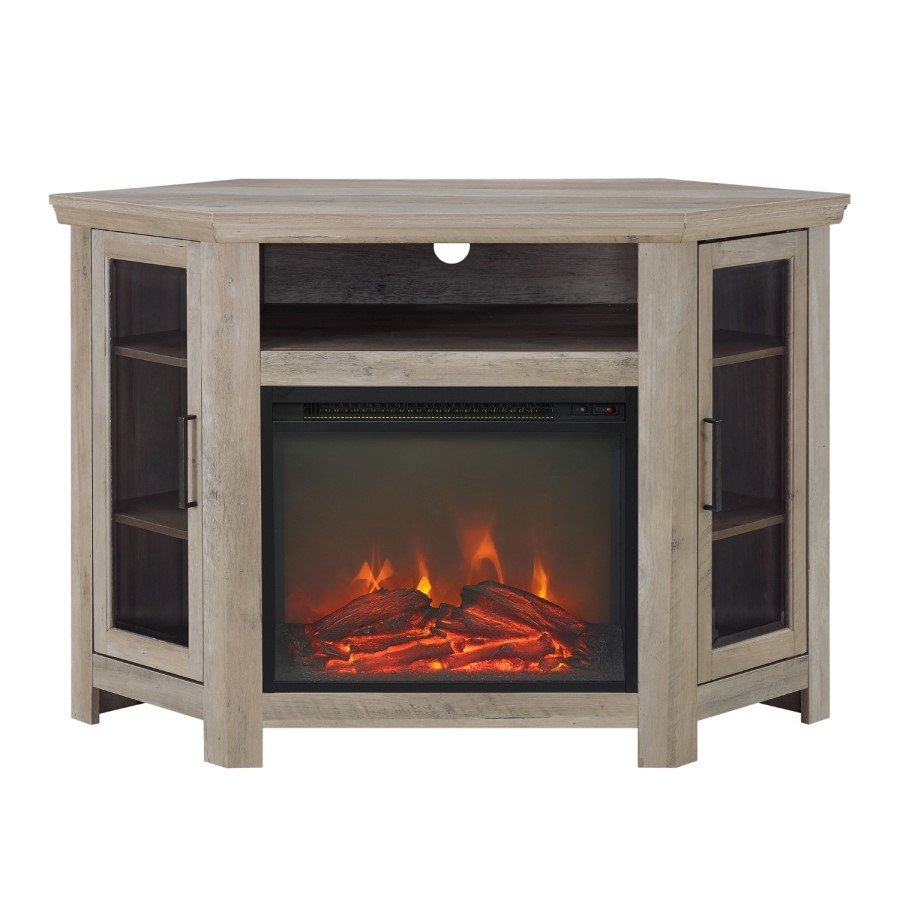 Foster Limewash Wood Corner TV Unit with Electric Fire Insert & Storage Cupboards - TV's up to 56"