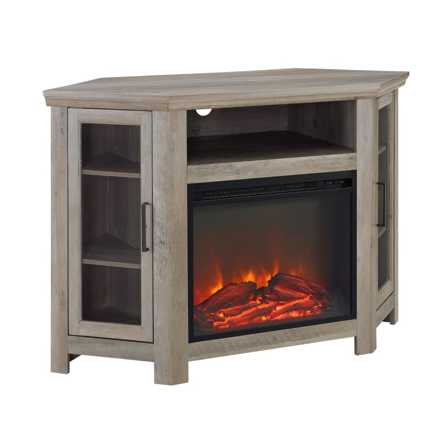 Foster Limewash Wood Corner TV Unit with Electric Fire Insert & Storage Cupboards - TV's up to 56"