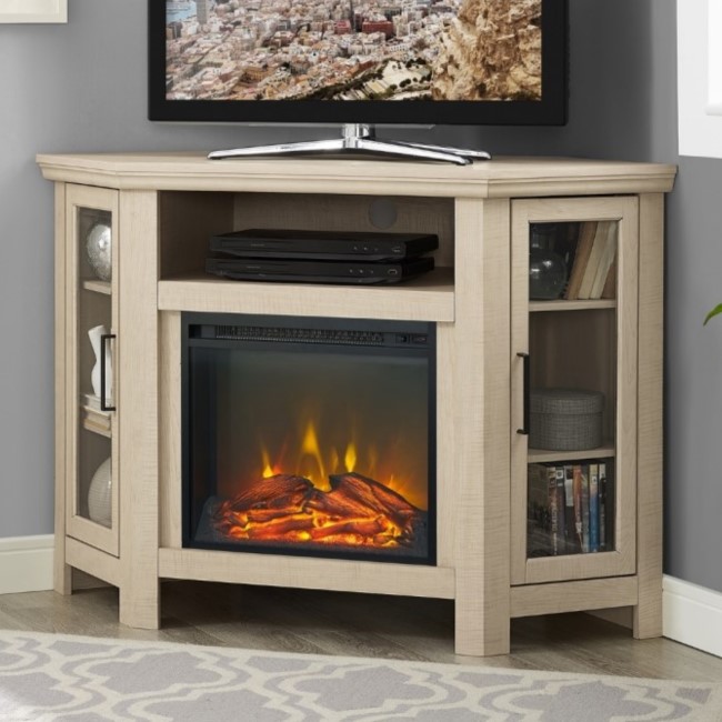 Corner Wooden TV Unit with Electric Fire Insert & Cupboards
