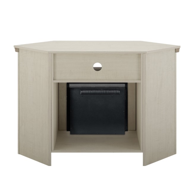 Corner Wooden TV Unit with Electric Fire Insert & Cupboards