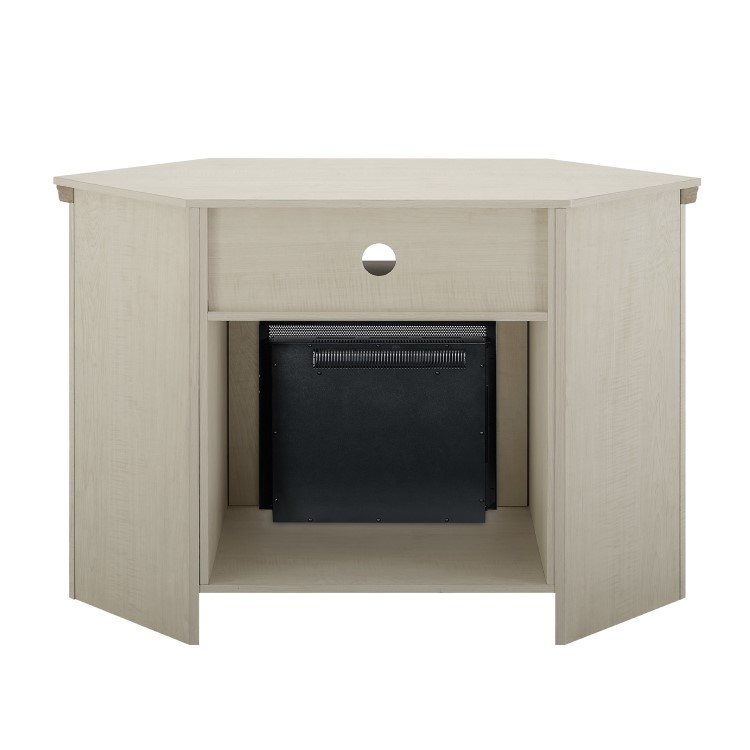 Corner Wooden TV Unit with Electric Fire Insert & Cupboards