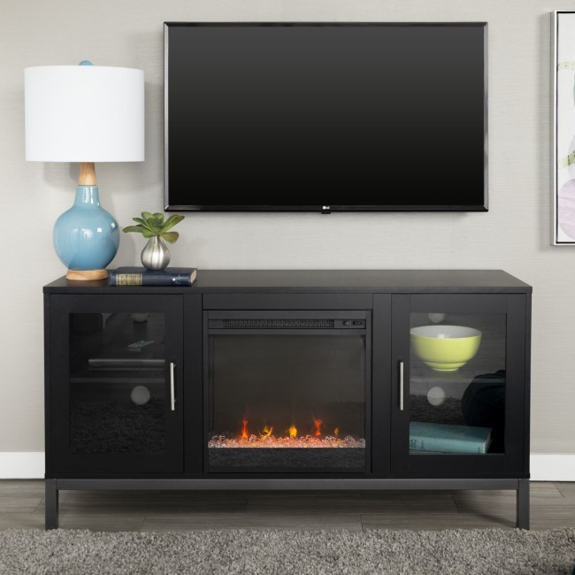 GRADE A1 - Black Painted Wood Effect TV Unit with Electric Fire & Storage - TV's up to 55" - Foster