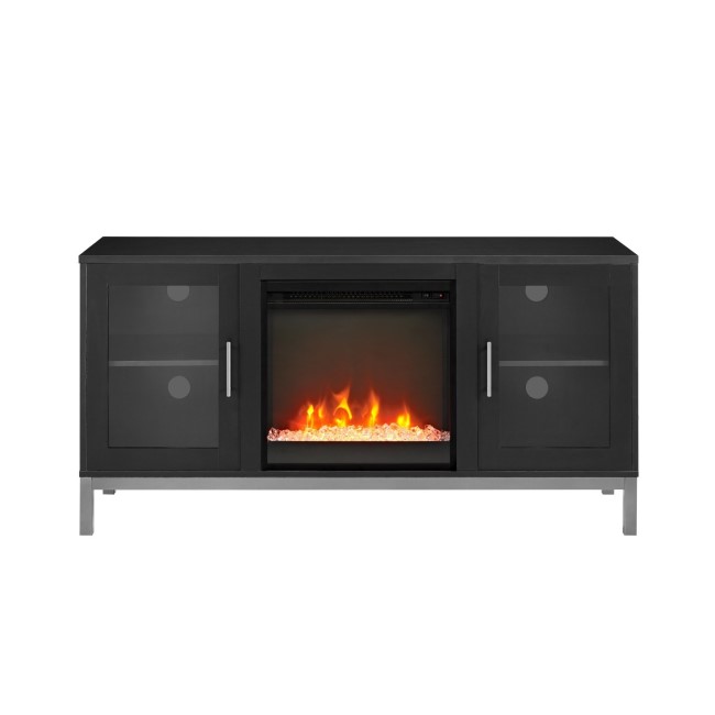 GRADE A1 - Black Painted Wood Effect TV Unit with Electric Fire & Storage - TV's up to 55" - Foster