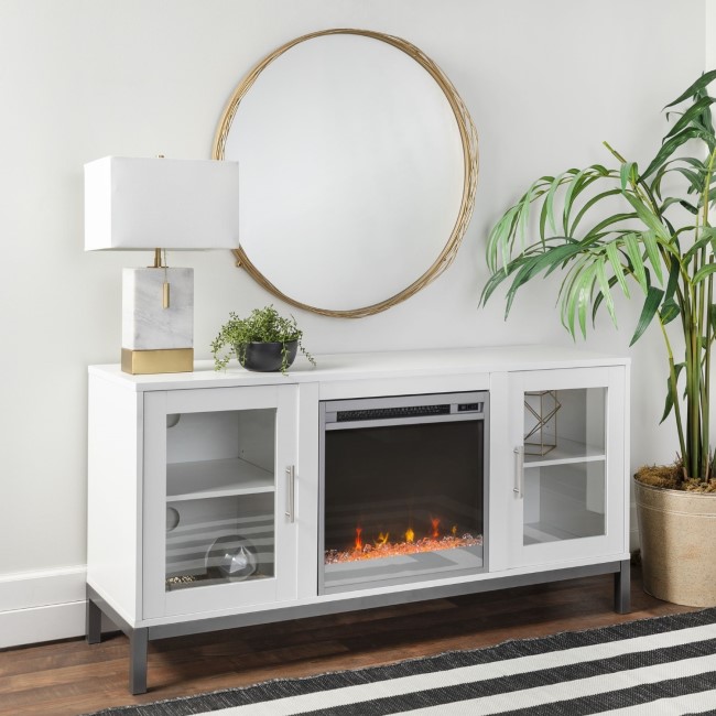 Large White TV Unit with Electric Fire & Storage - Foster - TV's up to 55"