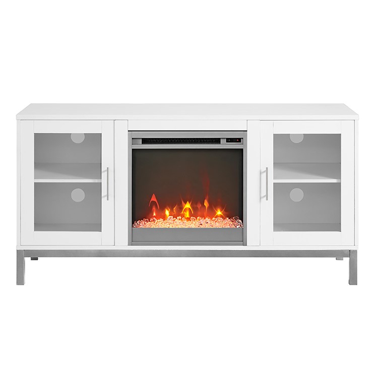 Large White TV Unit with Electric Fire & Storage - Foster - TV's up to 55"