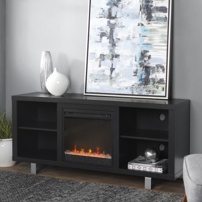 Foster Black Painted Wood Effect  TV Unit with Electric Fire & Silver Legs - TV's up to 60"