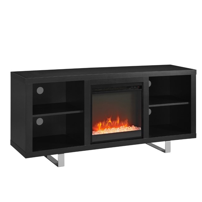 Foster Black Painted Wood Effect  TV Unit with Electric Fire & Silver Legs - TV's up to 60"