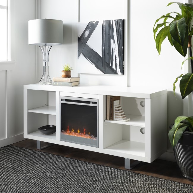 Foster White Wood Effect TV Unit with Electric Fire & Shelves - TV's up to 60"