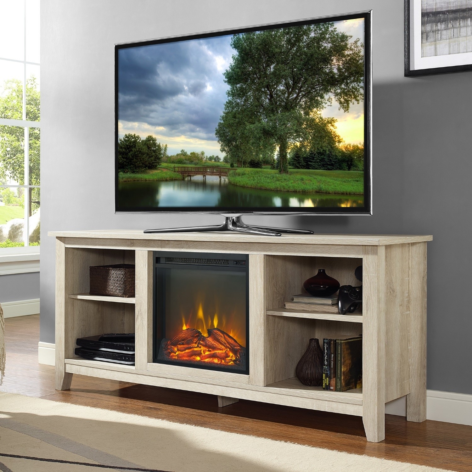Foster Light Wood Effect Tv Unit With Electric Fire Shelves Tvs Up To 56 Furniture123