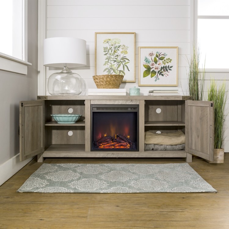 Foster Grey Wood Effect TV Unit with Electric Fire & Storage Cupboards - TV's up to 60"