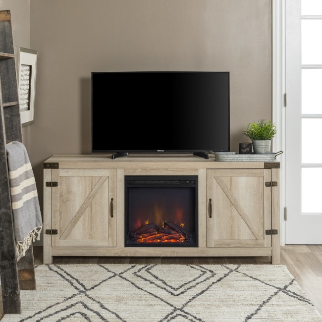 Foster Light Oak Effect TV Unit with Electric Fire & Storage Cupboards - TV's up to 60"