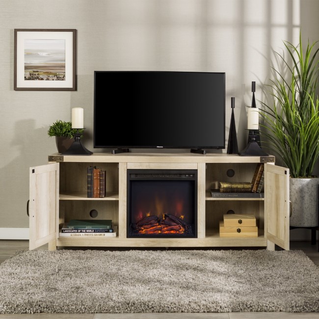 Foster Light Oak Effect TV Unit with Electric Fire & Storage Cupboards - TV's up to 60"