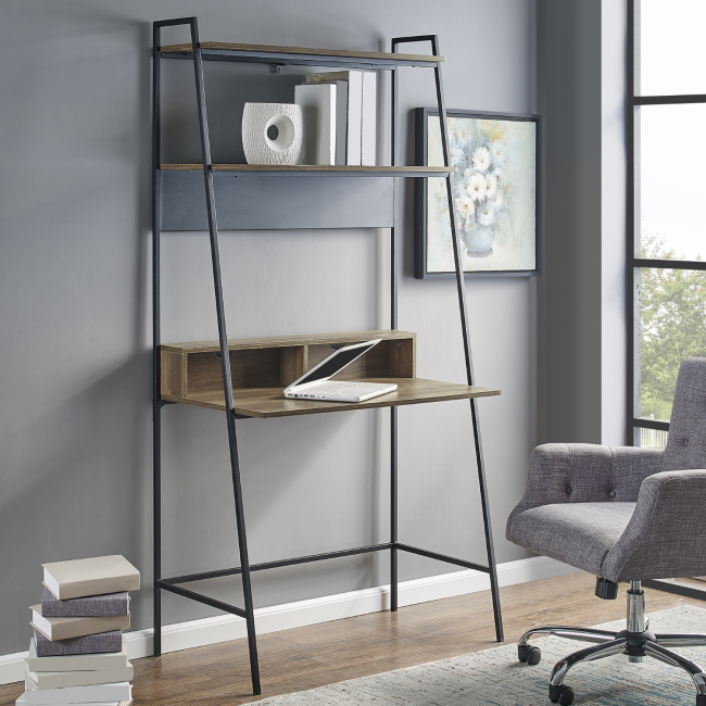Foster Brown Wooden Ladder Desk with Shelves & Metal Frame