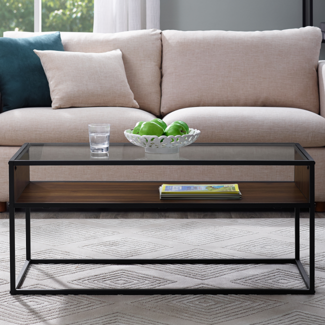 Small Glass Coffee Table with Brown Wooden Shelf - Foster - Furniture123