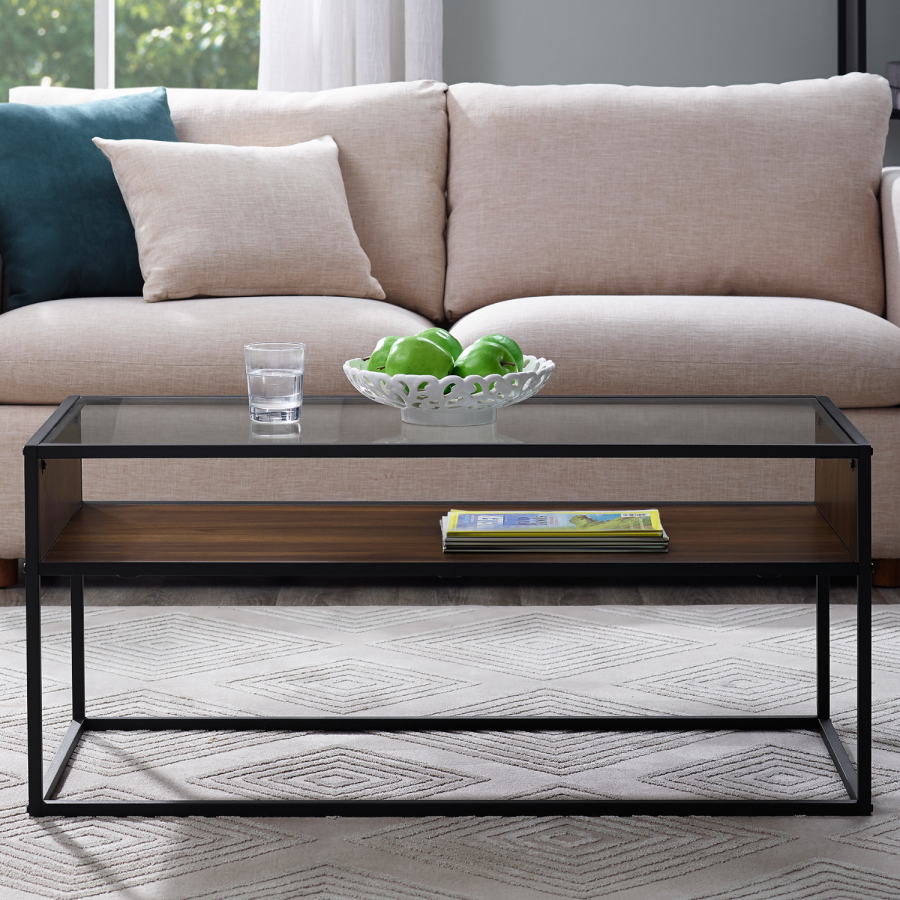 Small Glass Coffee Table with Brown Wooden Shelf - Foster