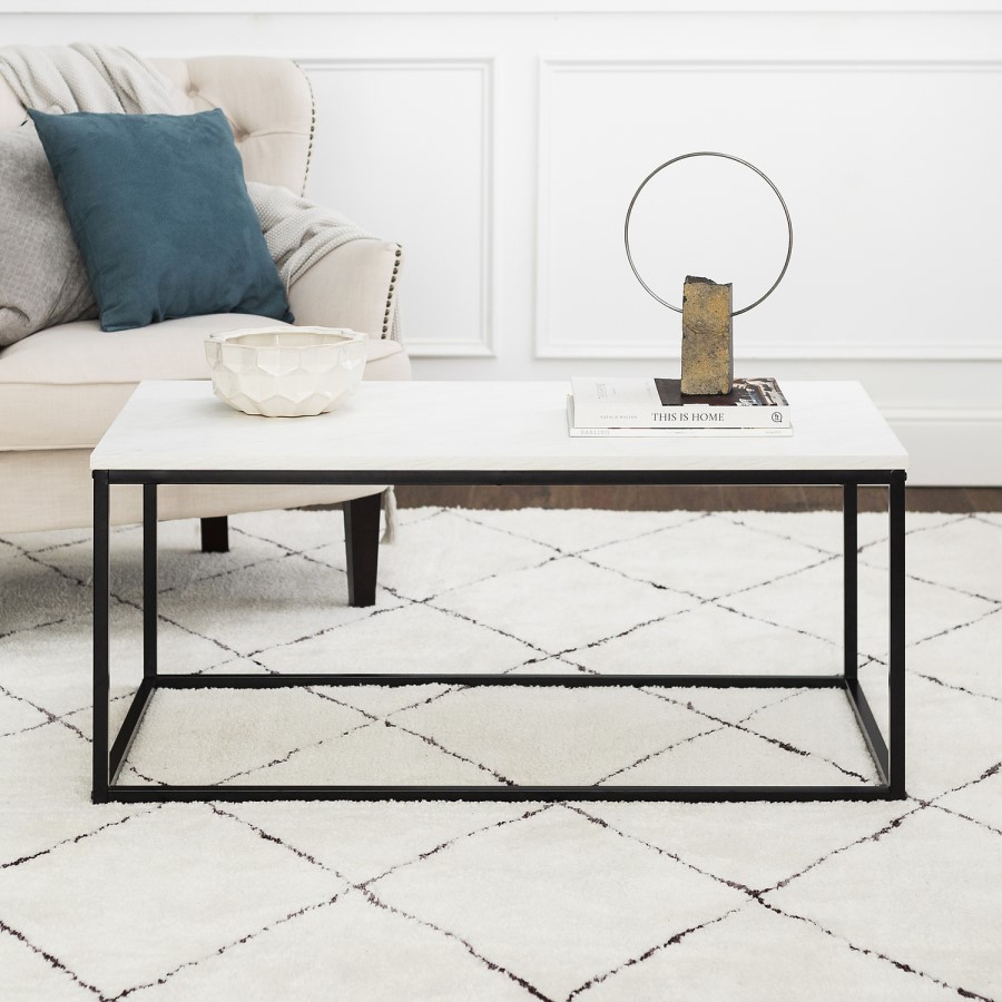 GRADE A2 - Small White Faux Marble Coffee Table with Black Base - Foster
