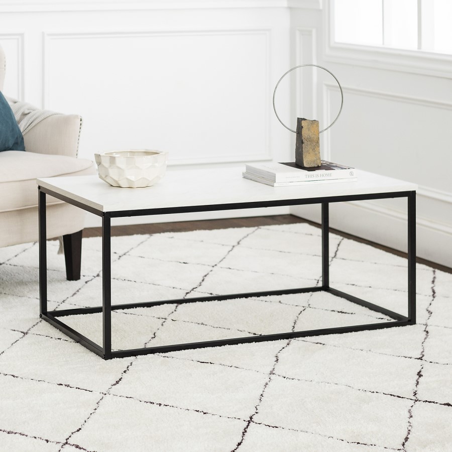 GRADE A2 - Small White Faux Marble Coffee Table with Black Base - Foster