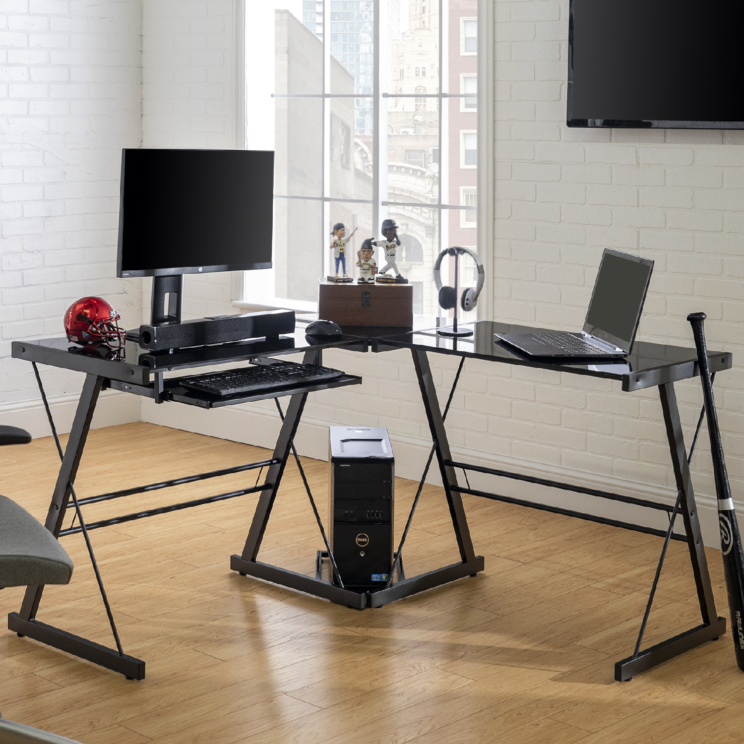 L shaped desk glass and metal deals