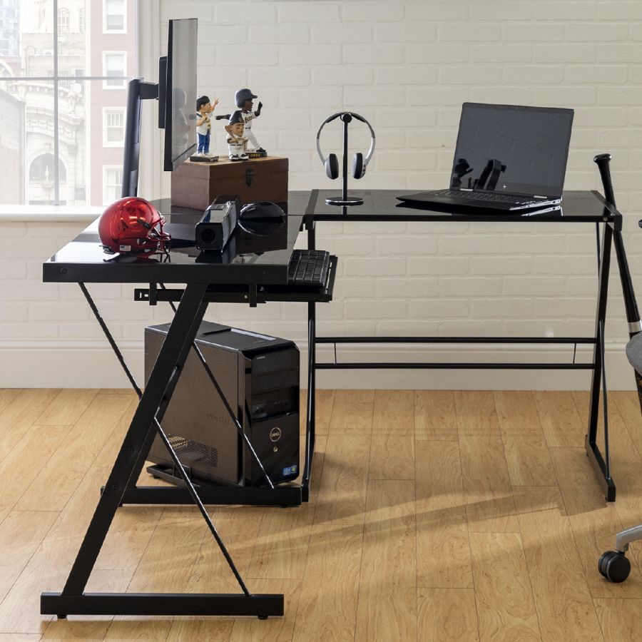 Foster Modern Metal Glass Corner Computer Desk - Black