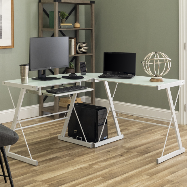 White l shaped desk glass top deals