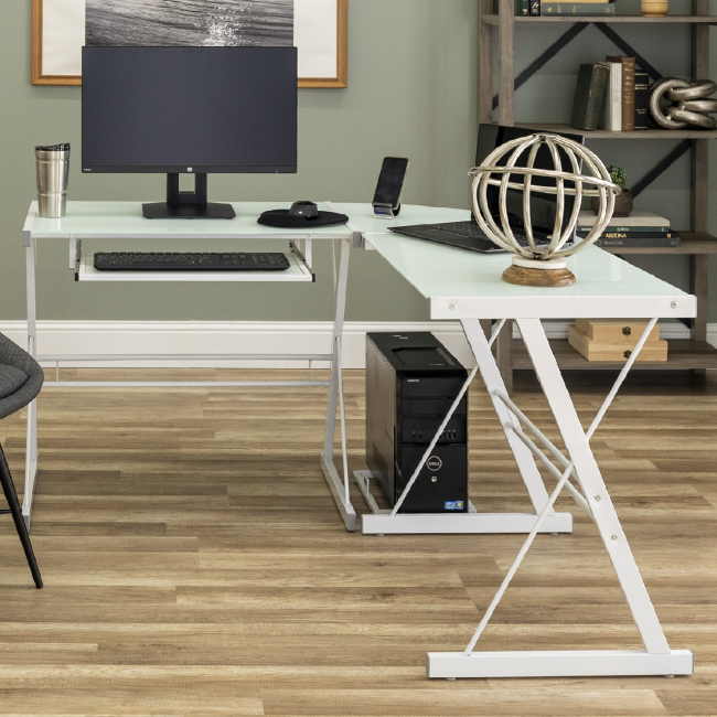 White l shaped online desk glass top