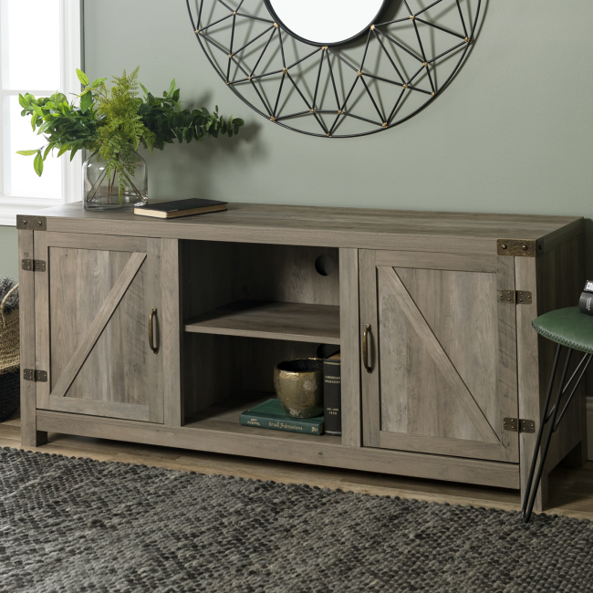 Foster Grey Wood Effect TV Unit with Open Shelves & Cupboards TV's up