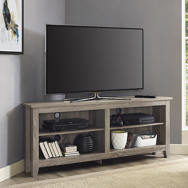 Foster Grey Wood Effect Corner TV Unit with Open Shelves TV s up