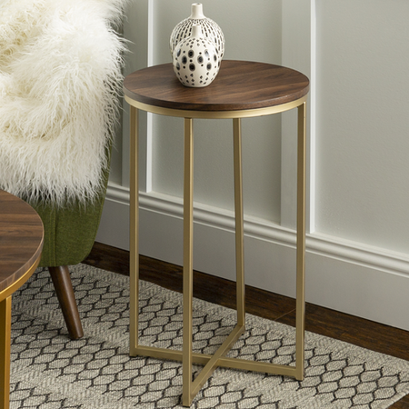 Gold Round Side Table With Dark Wood Top - Foster - Furniture123