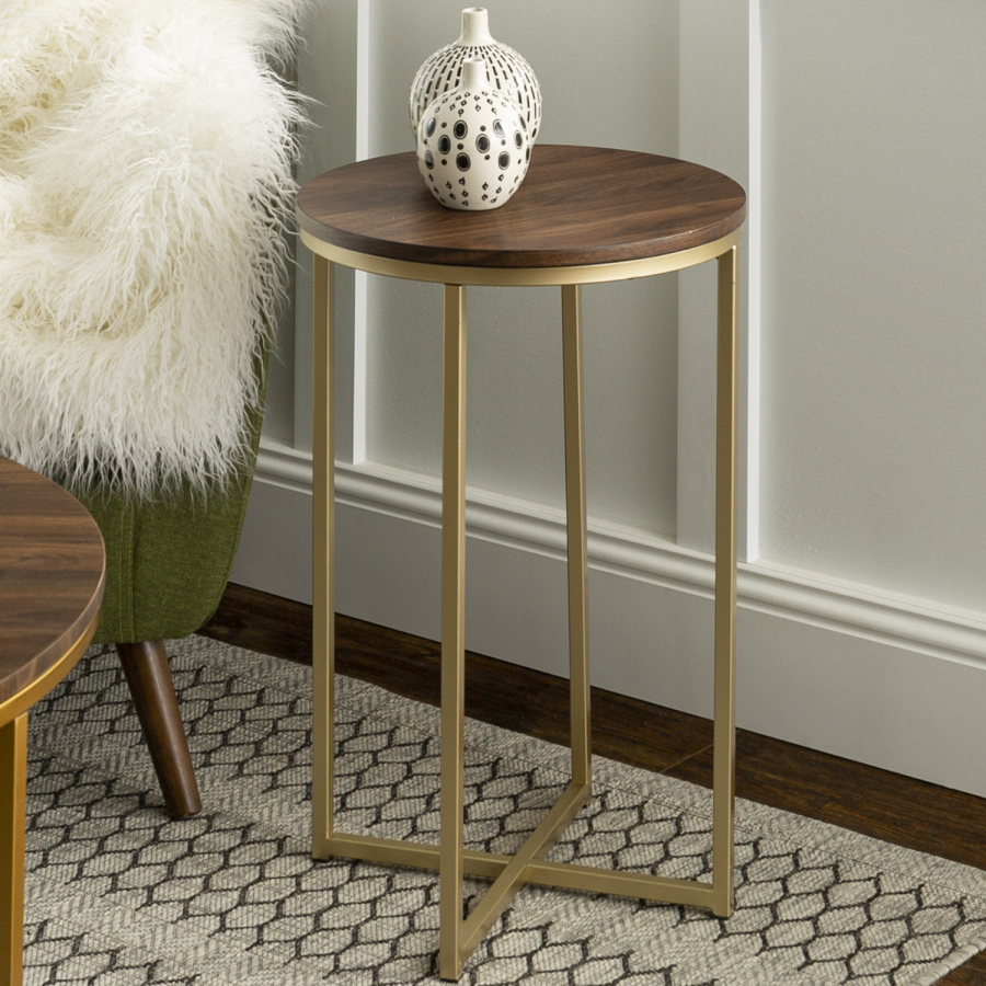 Gold Round Side Table with Dark Wood Top - Foster