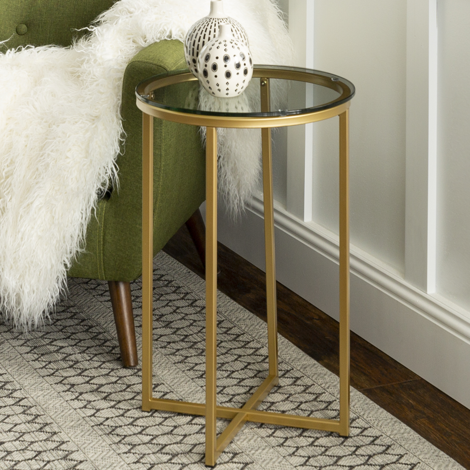 Foster Gold Side Table With Tempered, Round Gold Side Table With Glass Top