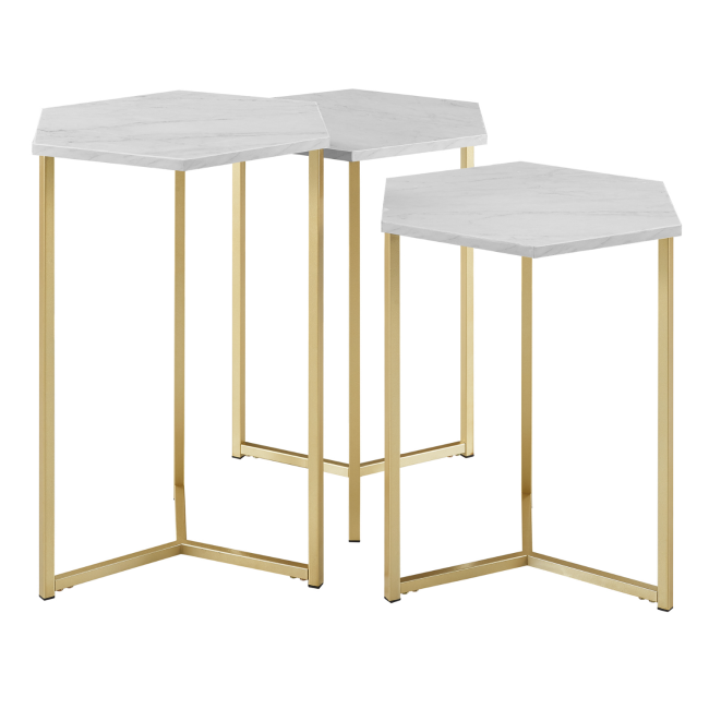 White Marble Hexagon Nest of 3 Tables with Gold Base - Foster