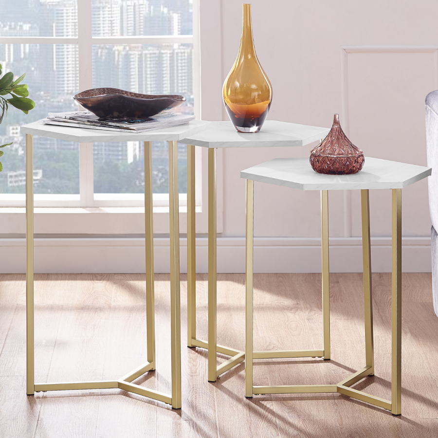 White Marble Hexagon Nest of 3 Tables with Gold Base - Foster