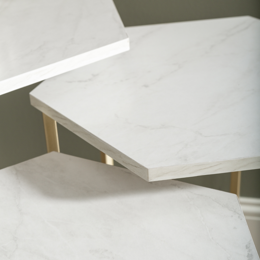 White Marble Hexagon Nest of 3 Tables with Gold Base - Foster